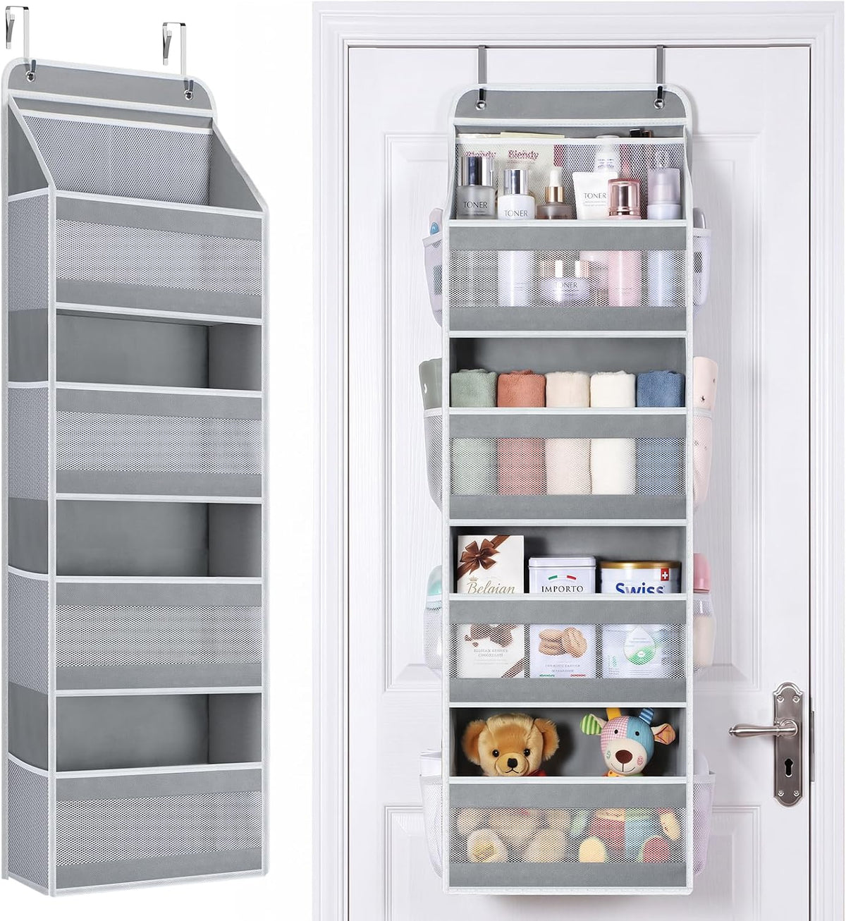 Yecaye Over the Door Organizer, Longer 4 Tier Door Organizer Hanging, Grey
