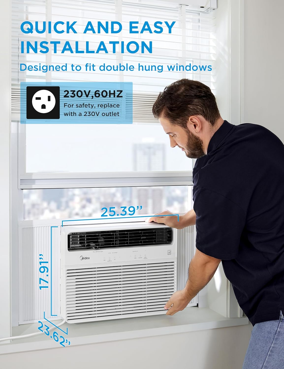 Midea 18,000 BTU Smart Inverter 208/230V Window Air Conditioner with Remote, 1,000 Sq Ft, White