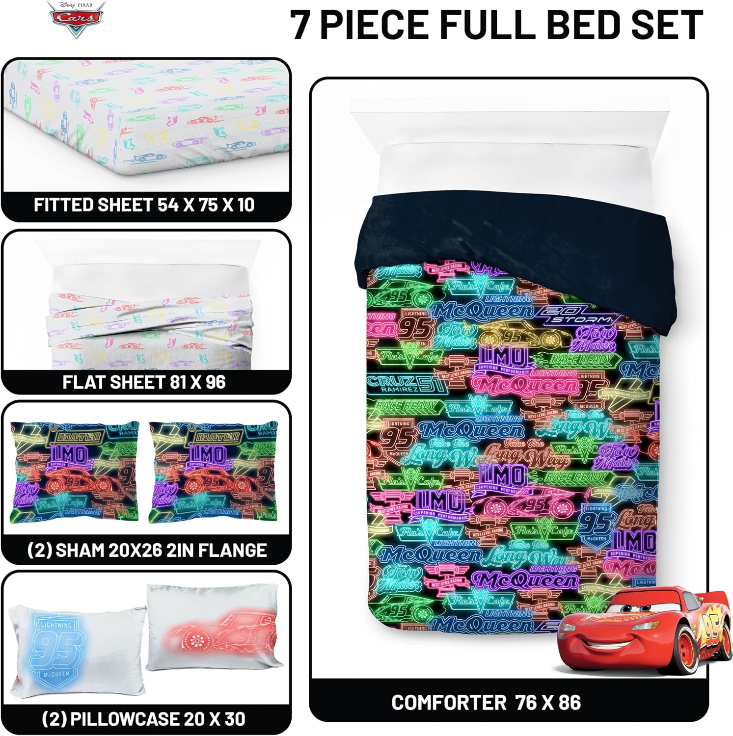 Jay Franco Kids Bed Set, Black, Cars, 7 Piece Full Size
