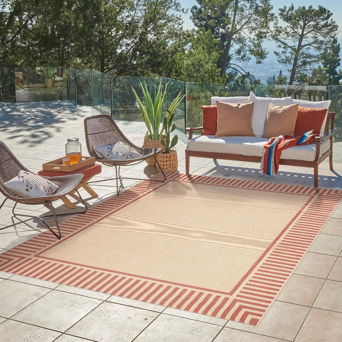 Indoor Outdoor Classic Flatweave Area Rug, Klano Striped Sand/Red, 25426