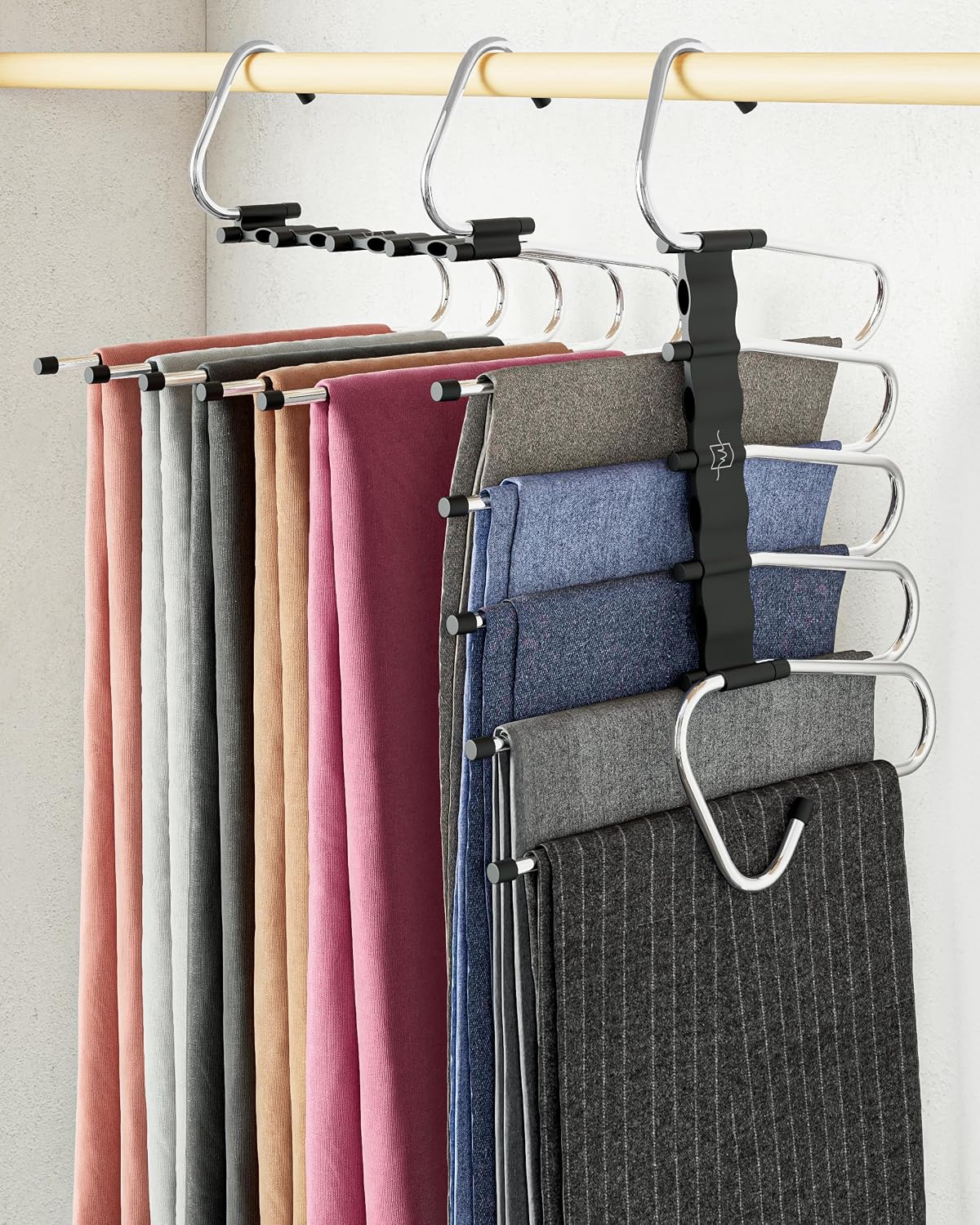 MORALVE Pants Hangers Space Saving - 2 Pack - Non-Slip Multi-Layer - BLACK