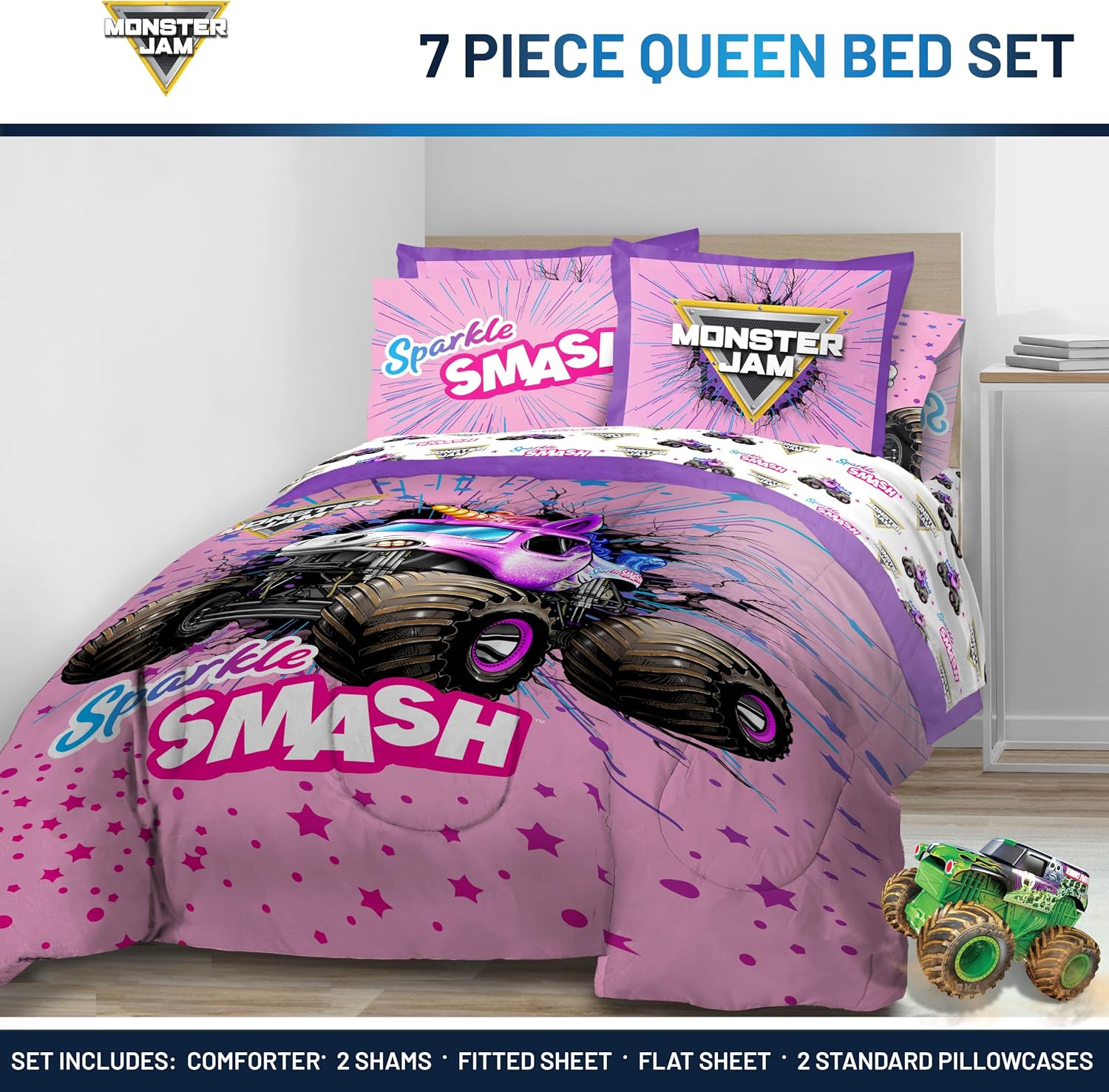 Jay Franco Kids Bed Set, Pink, Monster Jam, 7 Piece Queen