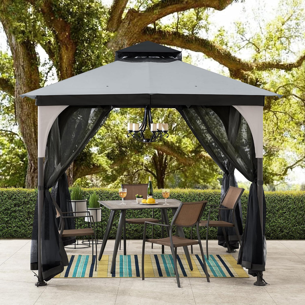 Sunjoy 9 ft. x 9 ft. Gazebo with 2-Tier Canopy Roof, Steel Frame Soft top Gazebo, TAN & BLACK
