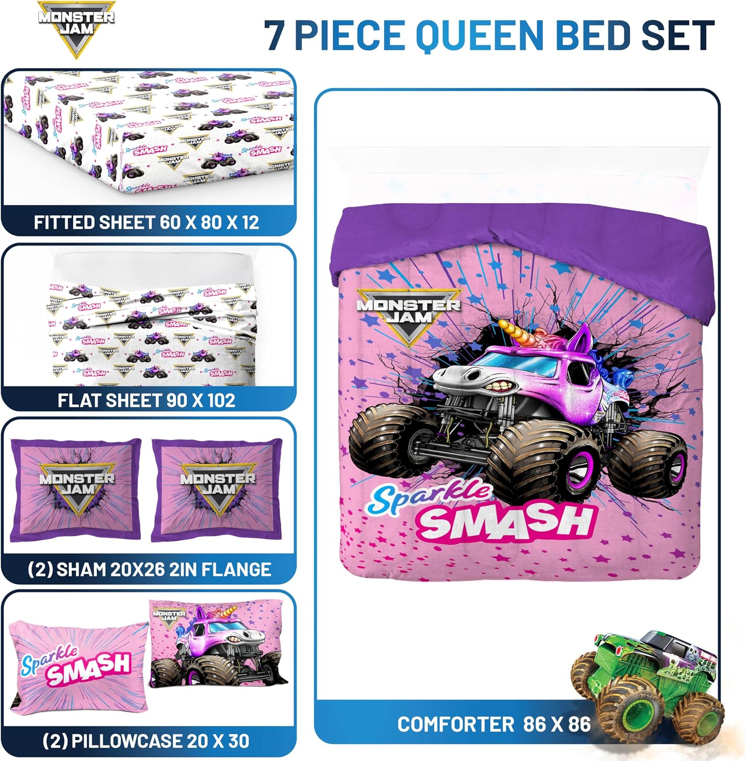 Jay Franco Kids Bed Set, Pink, Monster Jam, 7 Piece Queen