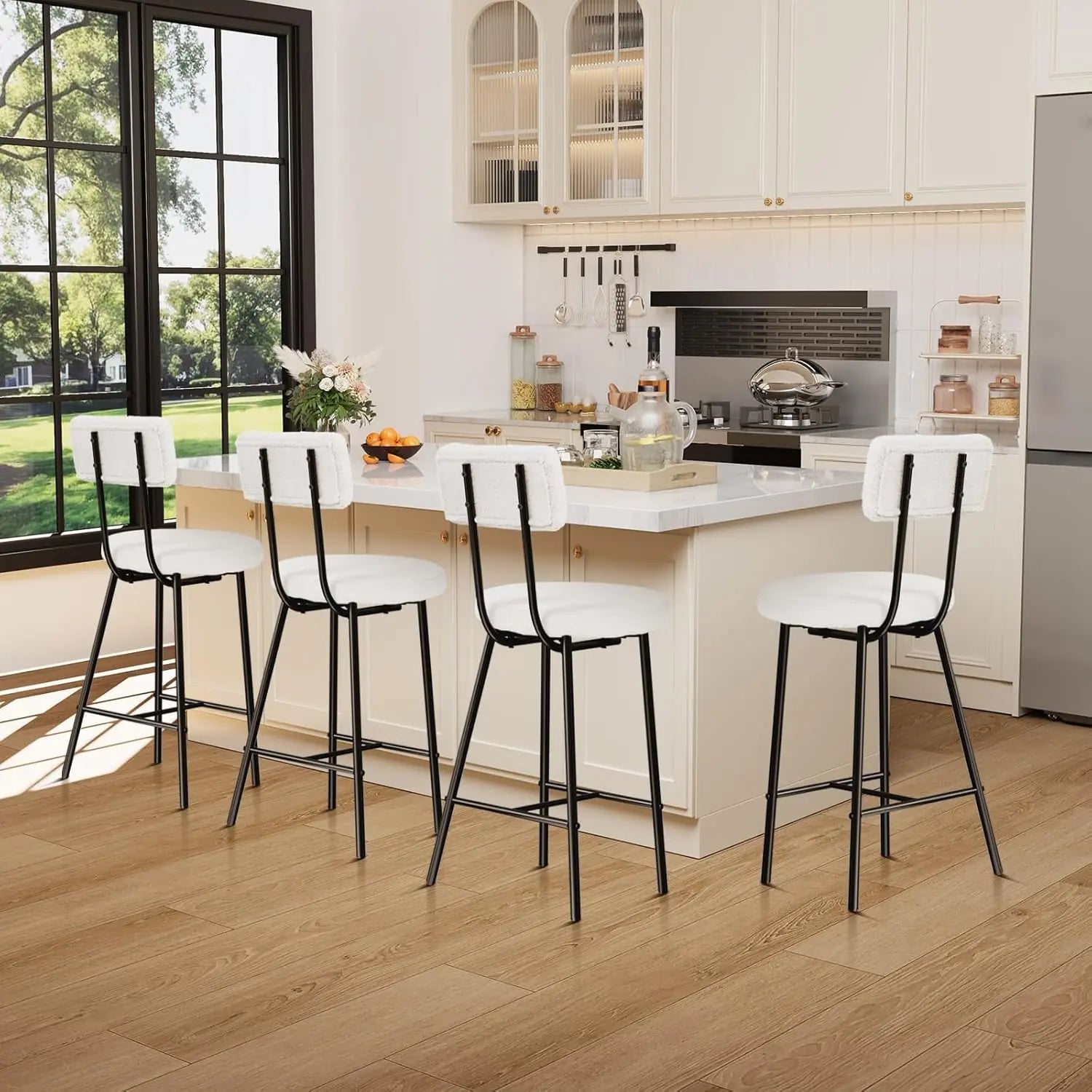 Garvee Bar Stools, Set of 4, Back, Metal Legs, Beige