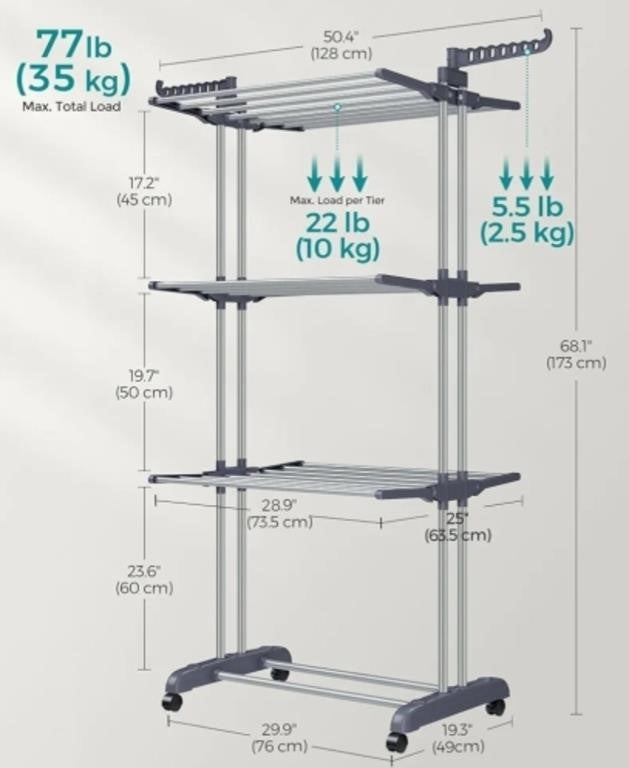 SONGMICS Clothes Drying Rack 4-Tier, 173 cm Tall, Dove Gray ULLR701G01V2