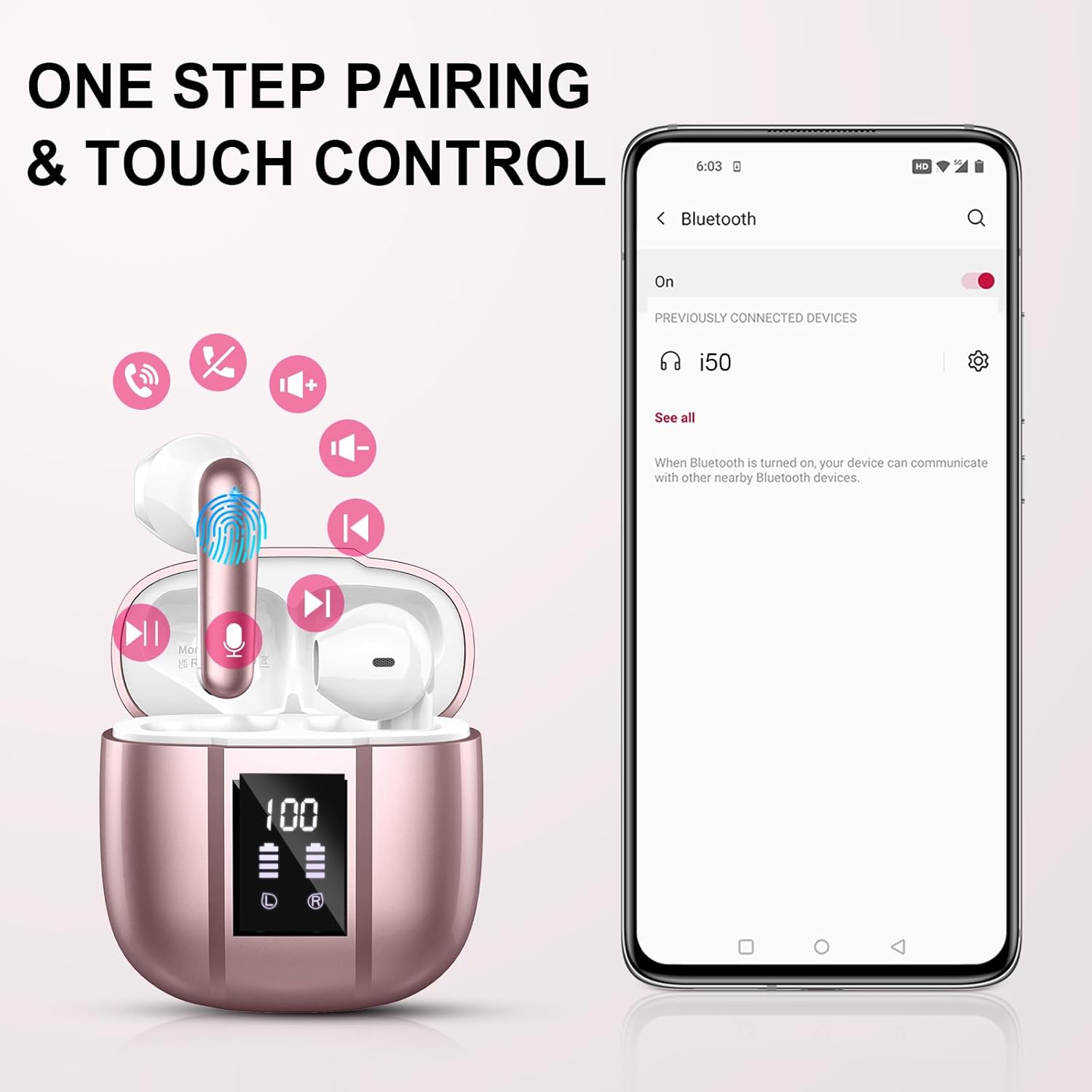 Wireless Earbuds Bluetooth 5.3 Headphones with 4 ENC Noise Cancelling Mics, PINK