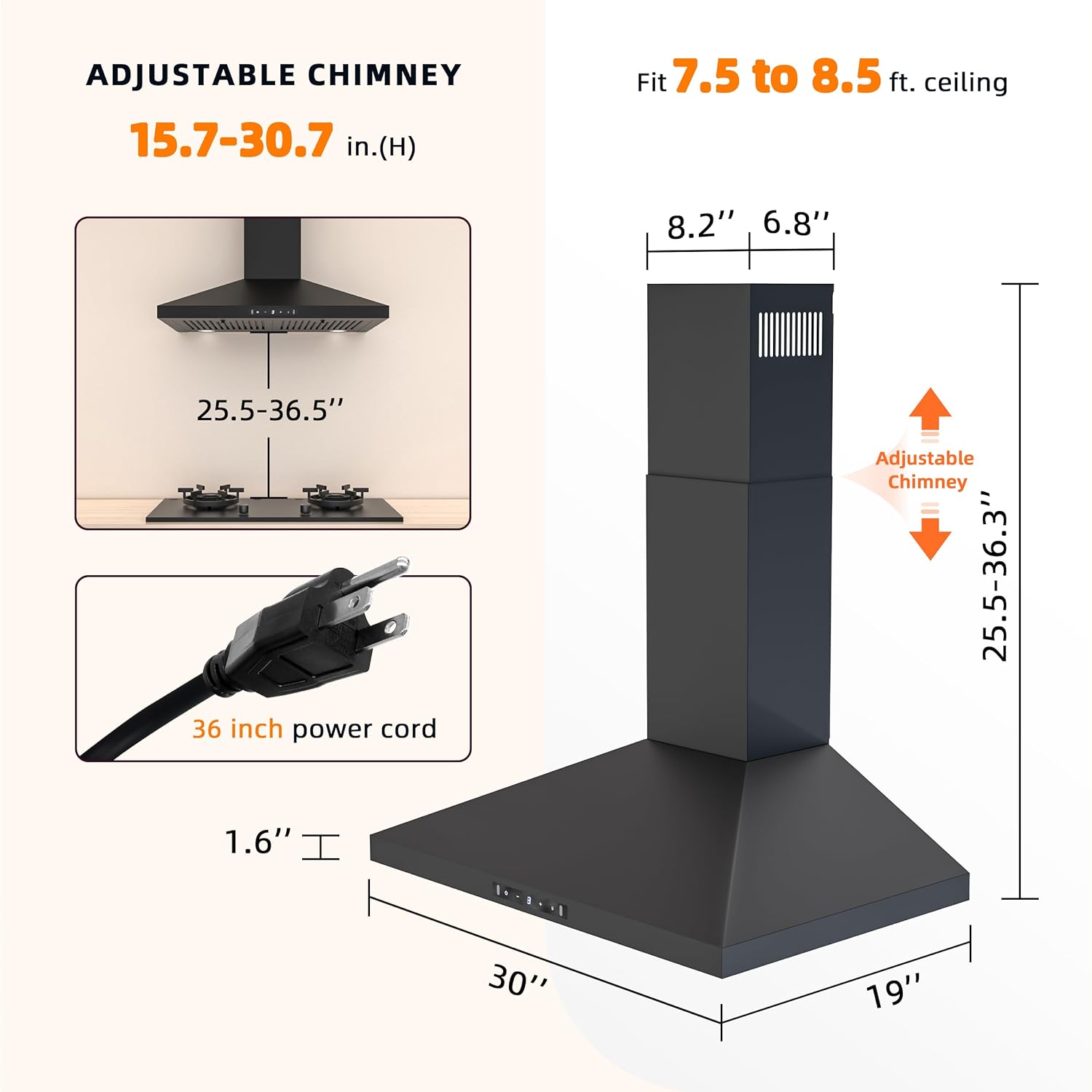 FIREGAS Black Range Hood 30 inch, 450 CFM Wall Mount Range Hood