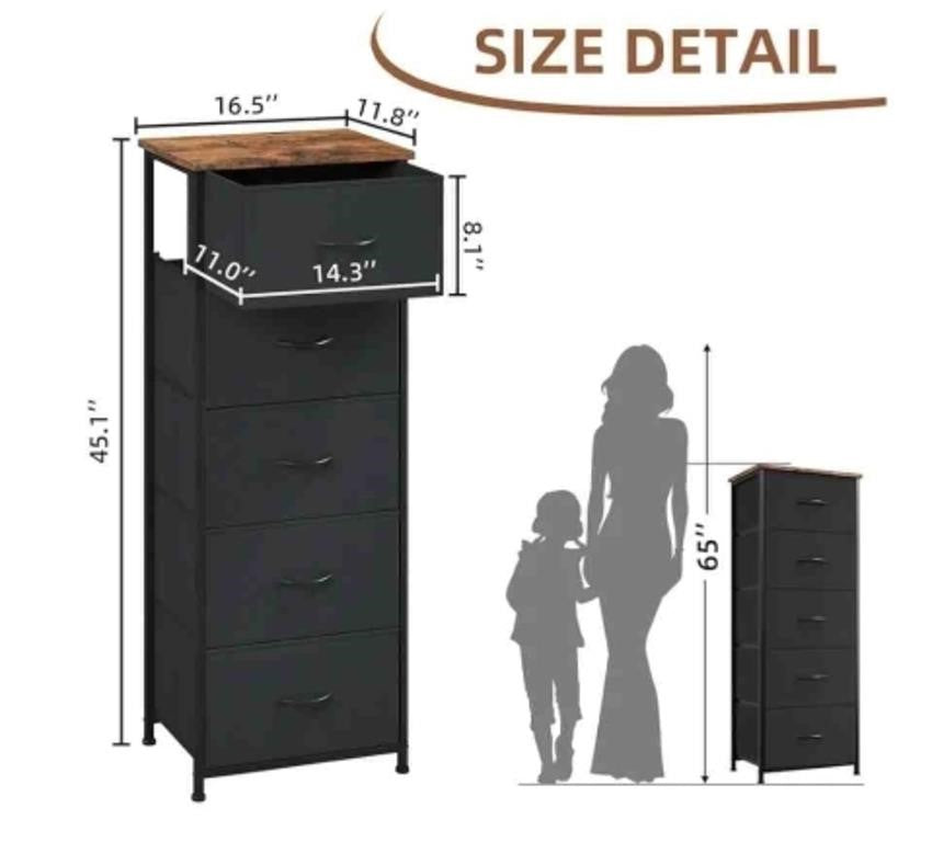 Somdot Tall Dresser with 5 Drawers, Black/Rusitc Brown, FD111C03