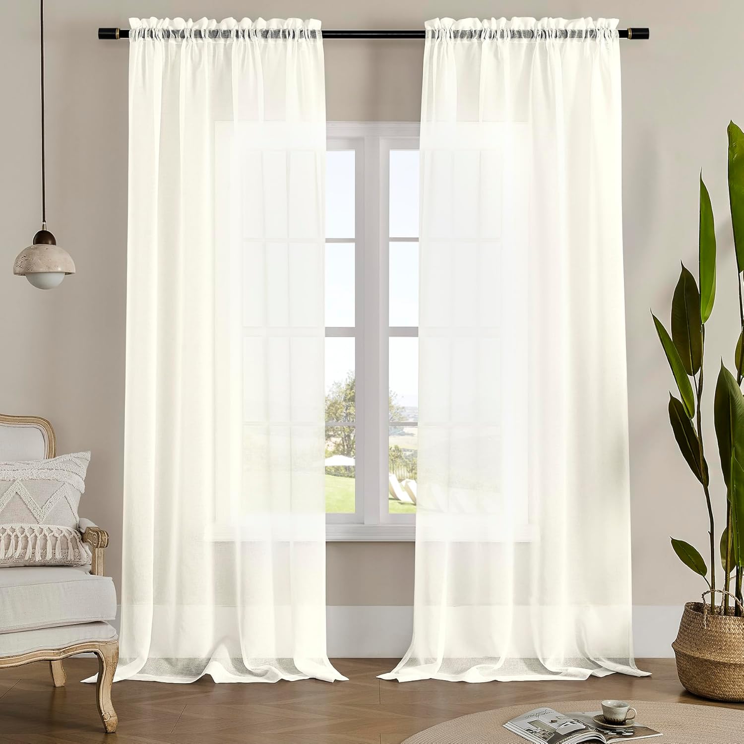 CaaMoo Sheer Curtains 84" Long, 2 Panels Each Pack, White, 52" W x 84" L