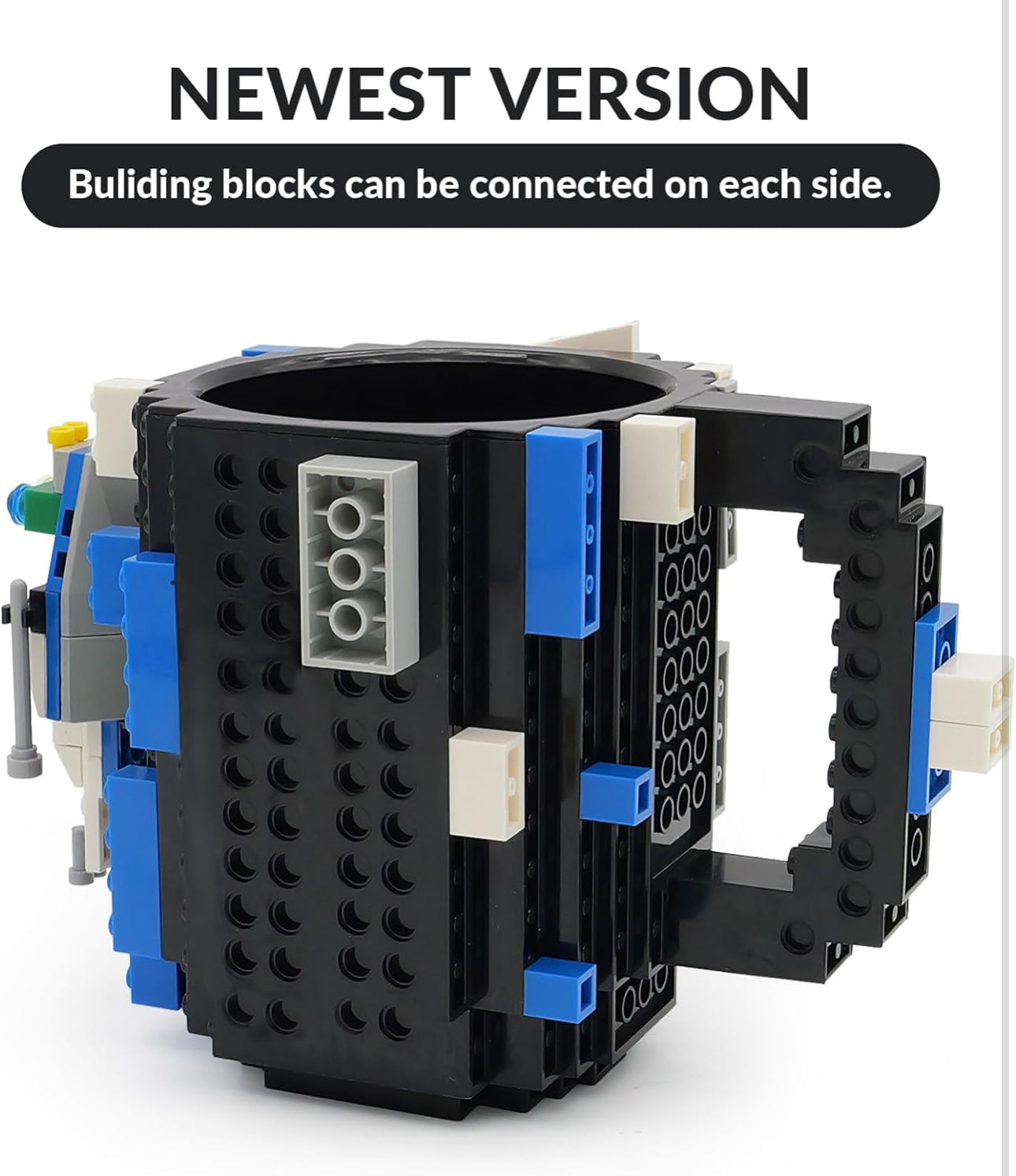 Build-on Brick Coffee Mug, Funny DIY Novelty Cup with Building Blocks Creative Gift for Kids Men Women Xmas Birthday (Black)