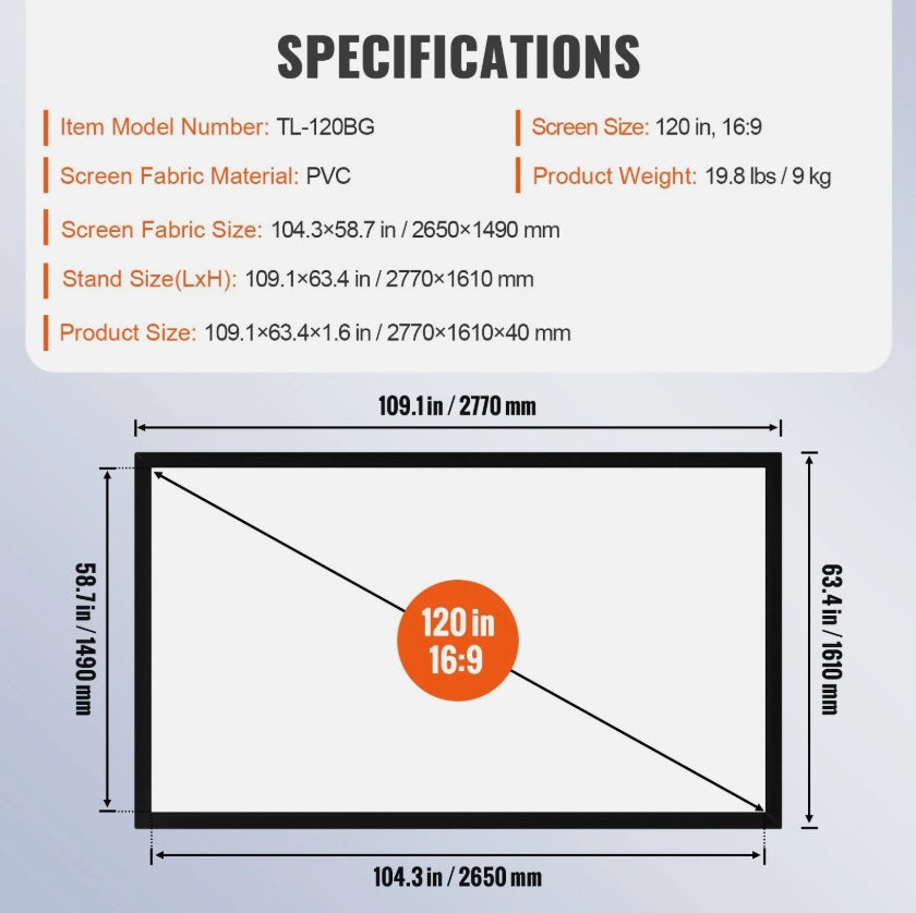 120-inch 16:9 Fixed Frame 3D Projection Screen for 4K HDTV Cinema and Home