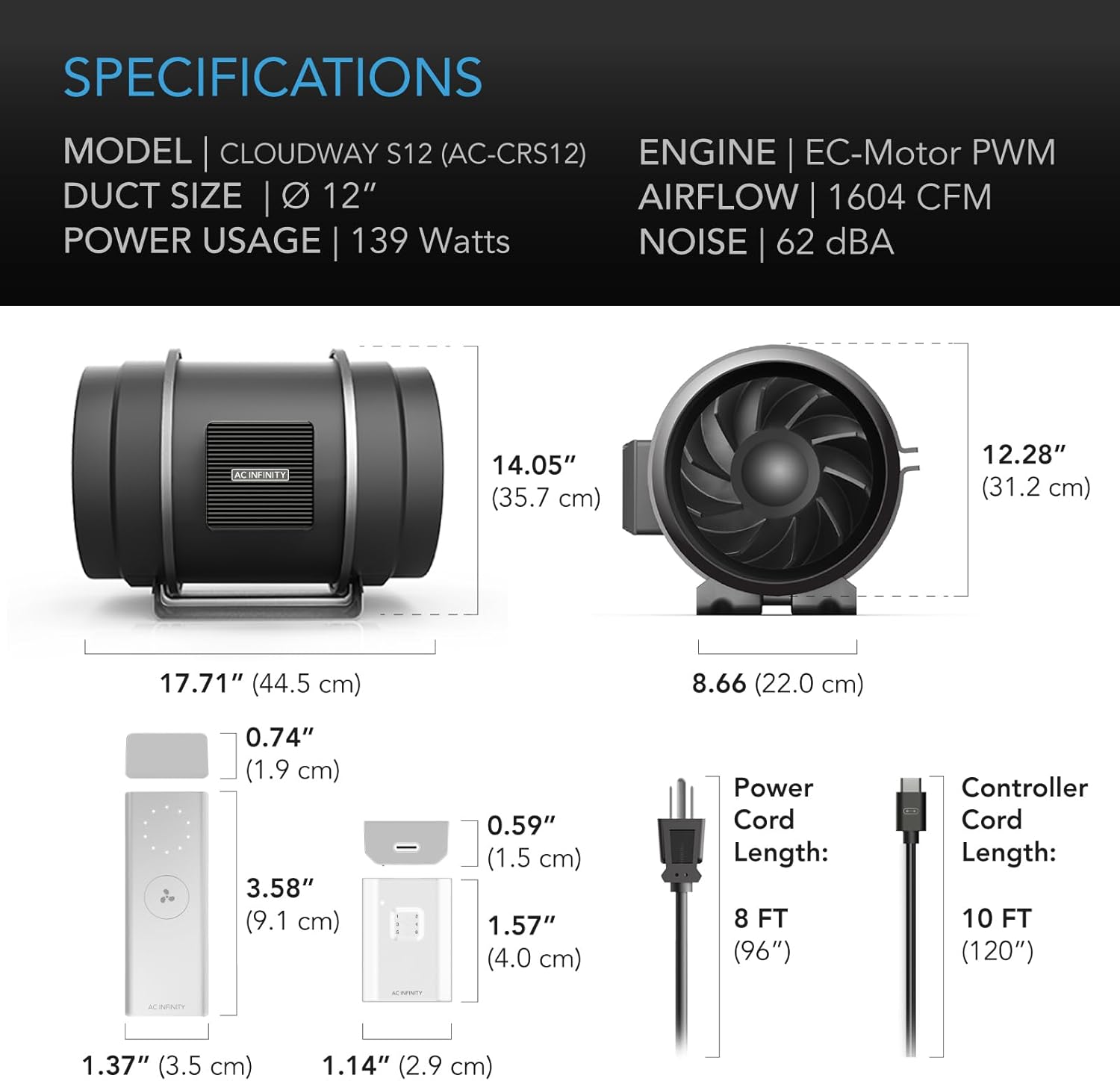 AC Infinity CLOUDWAY Whole House EC Fan S12, 1600 CFM