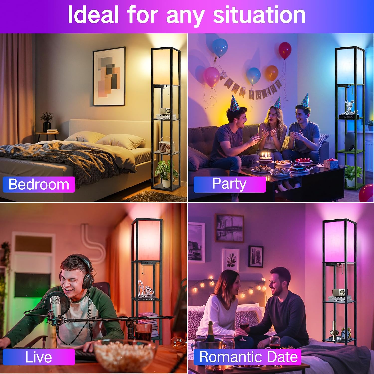 OUTON Floor Lamp with Shelves,  Black (RGB)