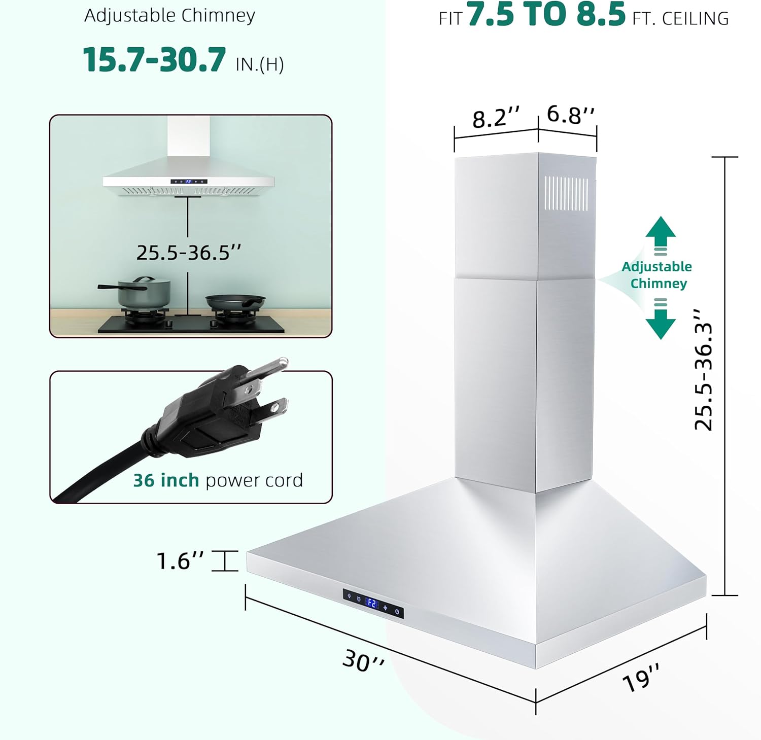FIREGAS Range Hood 30 inch, 3 Speed Exhaust Fan, LED Lights, Touch Control