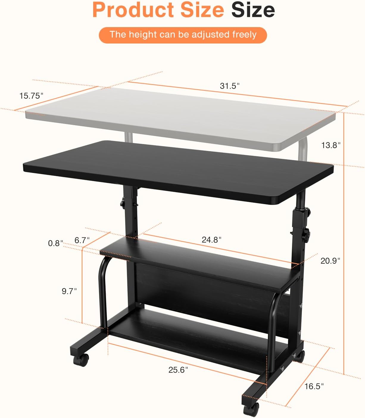 Portable Rolling Desk on Wheels Small Standing