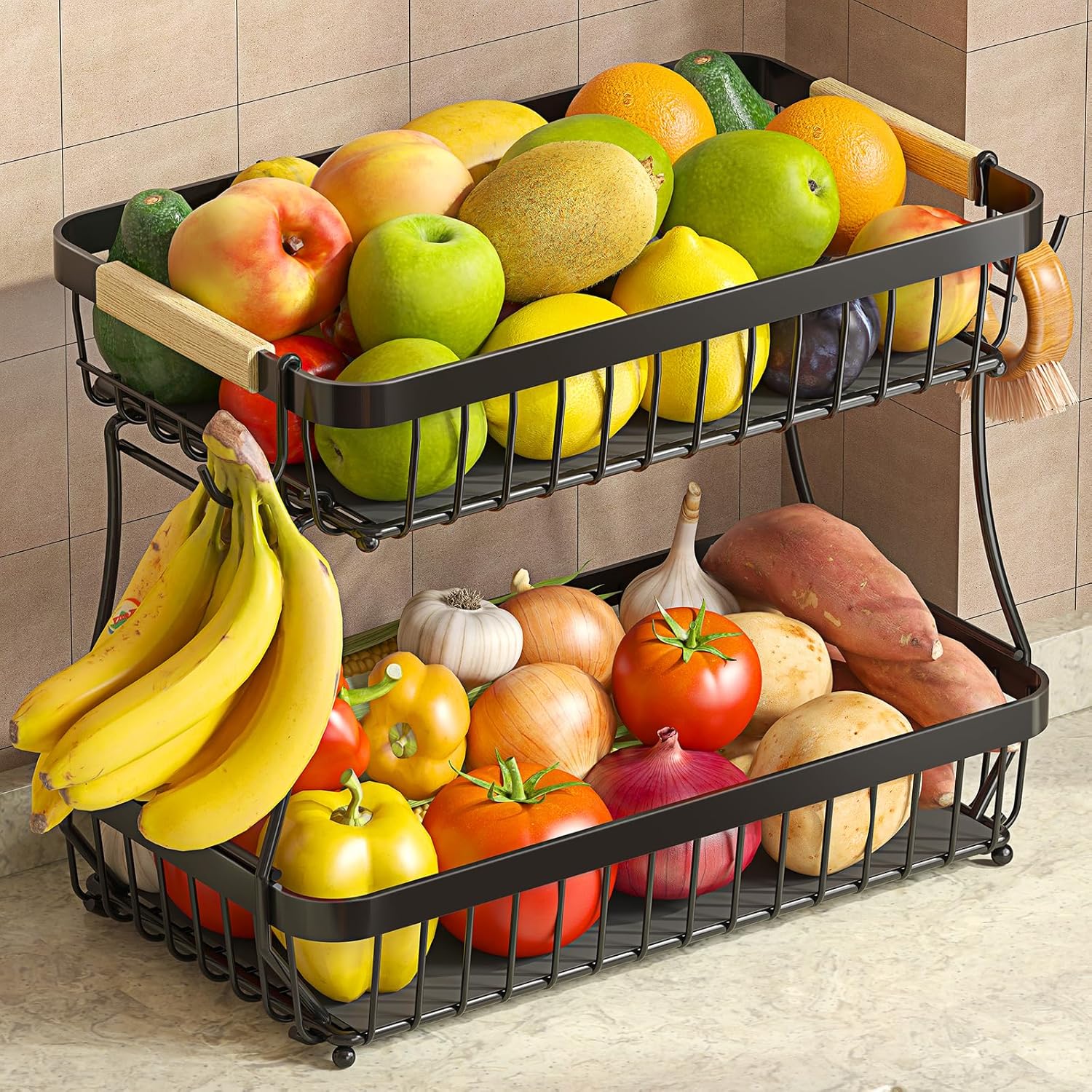 Sevenblue 2 Tier Large Fruit Basket for Kitchen Counter Organization