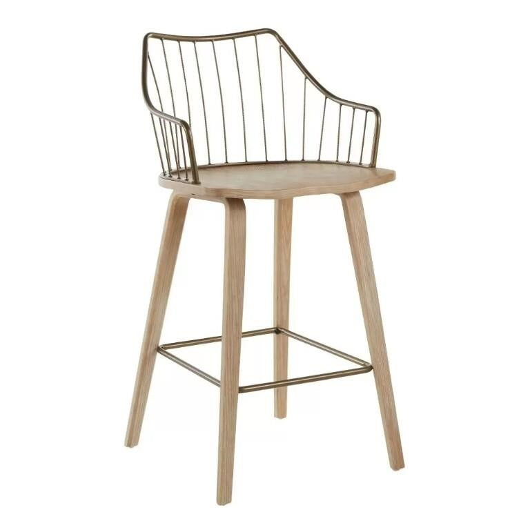 Counter Stool in White Washed Wood and Antique Copper 37"