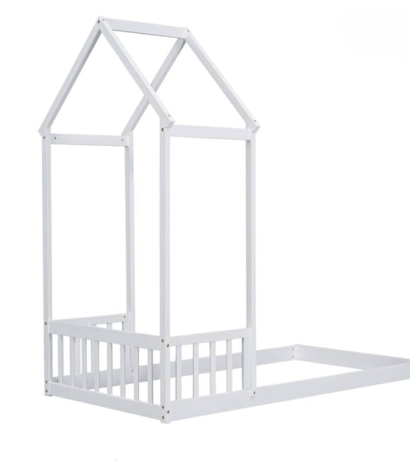Twin House-shaped Roof Headboard Floor Bed without slats - White