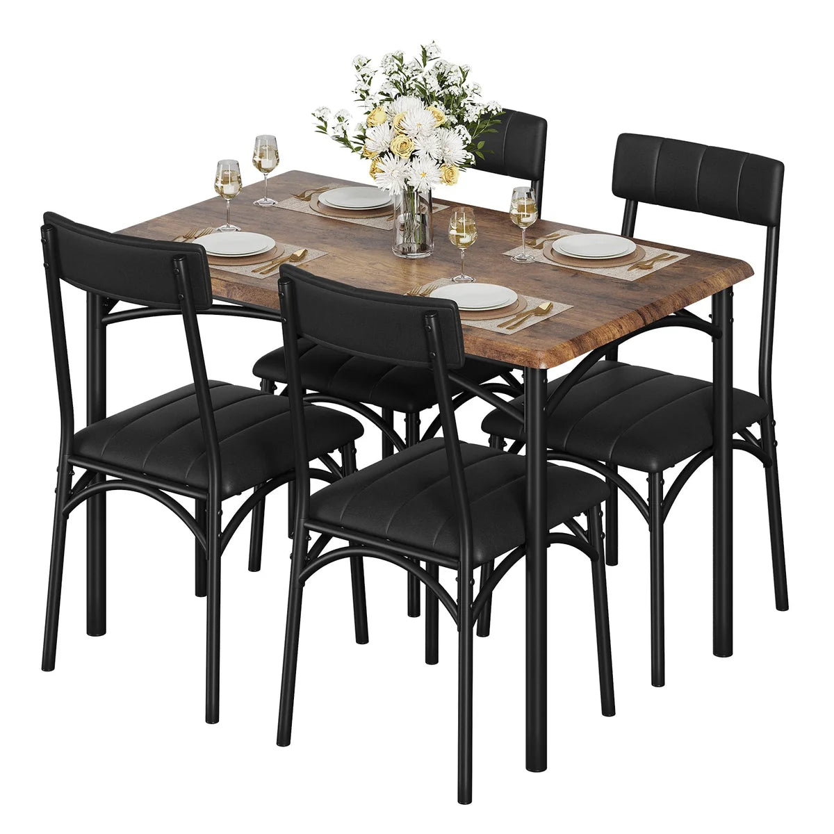 Dining Table Set for 4, Kitchen Table and Chairs Rectangular, Metal and Wood 5 PIECE DealsGarvee