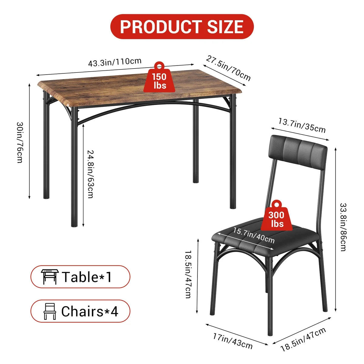 Dining Table Set for 4, Kitchen Table and Chairs Rectangular, Metal and Wood 5 PIECE DealsGarvee