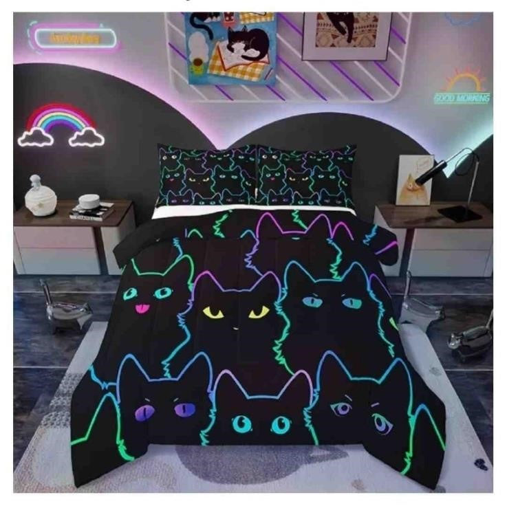 Erosebridal Cute Cat Kids Comforter Neon Rainbow Line Cat Twin Bedding Set