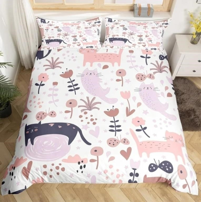 Feelyou Cartoon Cat Comforter Cover Twin Size, Cute Kitten Print Bedding Set