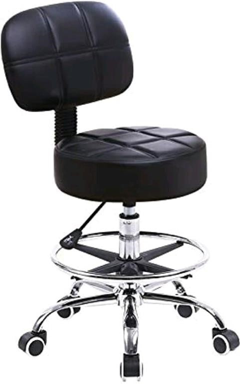 ONER Swivel Round Rolling Stool PU Leather with Adjustable Foot Rest, Height Adjustable Task Work Drafting Chair with Back Black