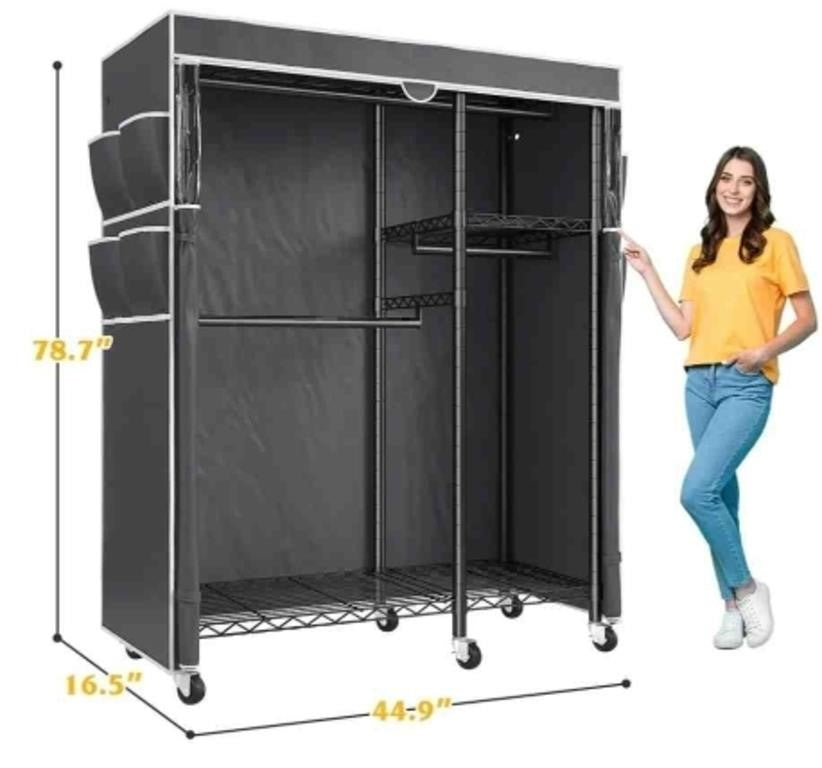 Clothes Rack with Cover, Rolling Portable Closet, 4 Hanging Zones Heavy Duty, GREY RAYBEE