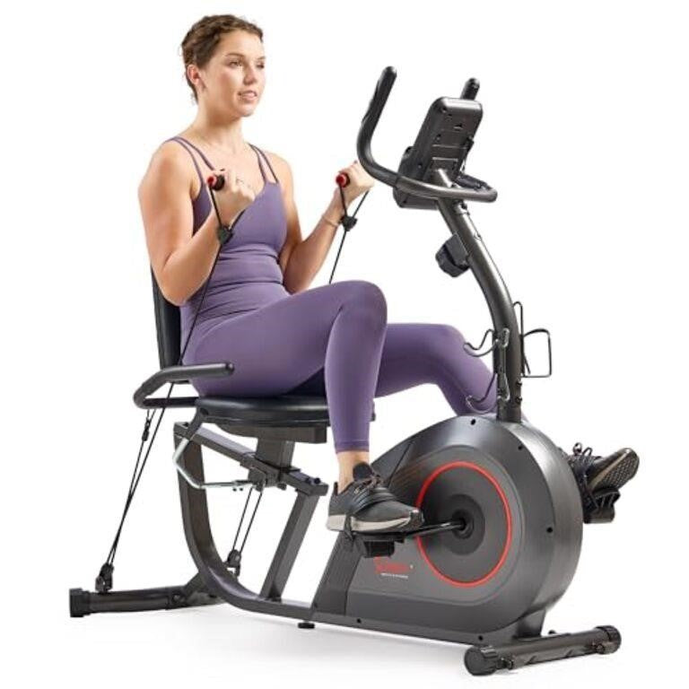 Sunny Health & Fitness Smart Recumbent Bike with Resistance Bands