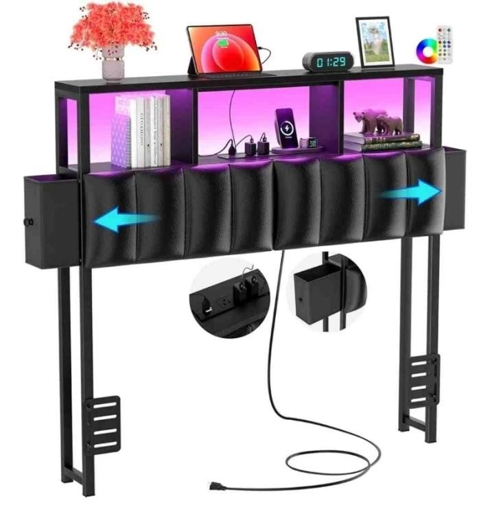 Cyclysio Upholstered Headboard with 2 Drawers, Twin Size Headboards with Storage Shelves, Bed Headboard with LED Lights & Charging Station, Black -