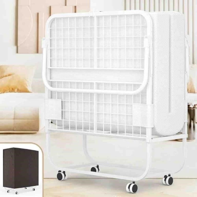 Cyclysio 75 X38 Folding Bed with Storage Cover, Cot Size, with Memory Foam Mattress White