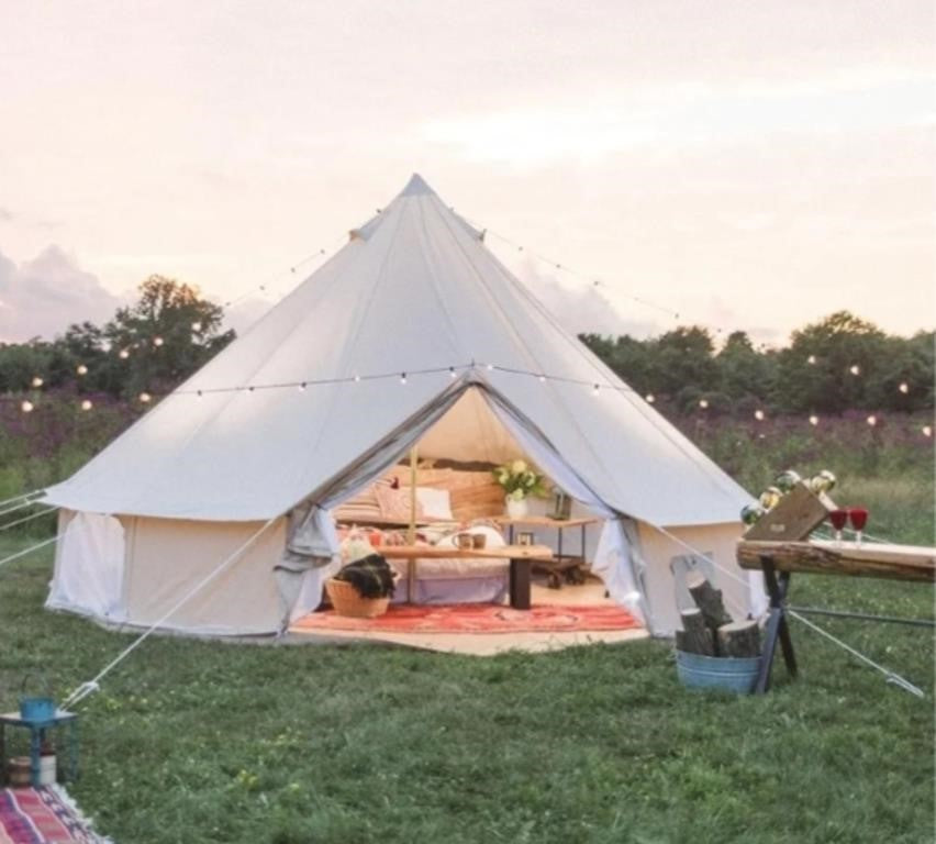 ream House 13ft Waterproof Luxury Four Seasons Family Camping Bell Tent Safari Tourist Tent, Beige