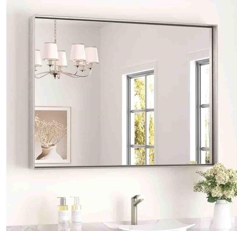 Keonjinn Bathroom Mirror for Over Sink, Rectangle Square Corner Aluminum Alloy Metal Framed Mirror, Horizontal/Vertical, Brushed Nickel, 40" x 30"