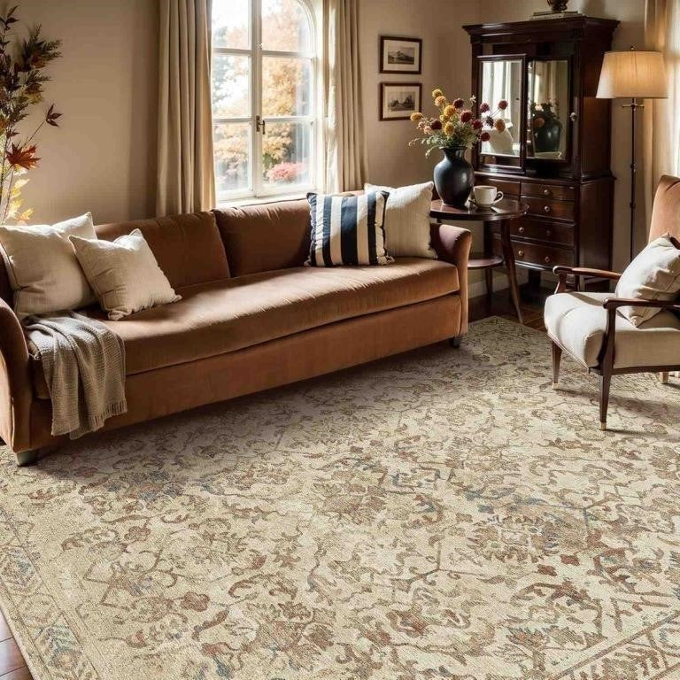 Deerly Retro Area Rug 9x12 Ft for Living Room, Distressed Abstract Floral Print Washable Rug for Dining Room Bedroom, Anti-Slip Thick Soft Accent Extra Large Rug Farmhouse Office Home Decor Taupe Brick Blue -