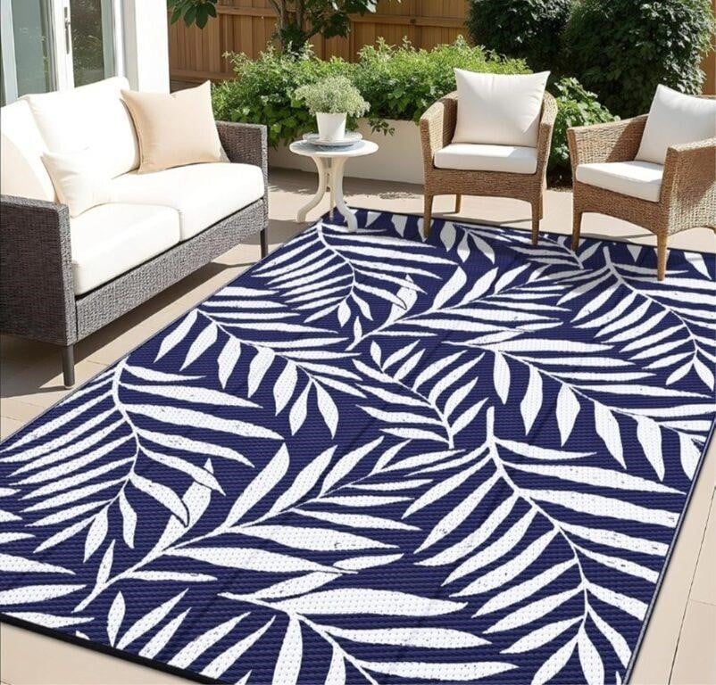 OLANLY Waterproof Outdoor Rug 6x9 ft, Reversible Outdoor Plastic Straw Rug with Leaf Pattern, RV Mat, Indoor Outdoor Carpet for Patio, Navy & White