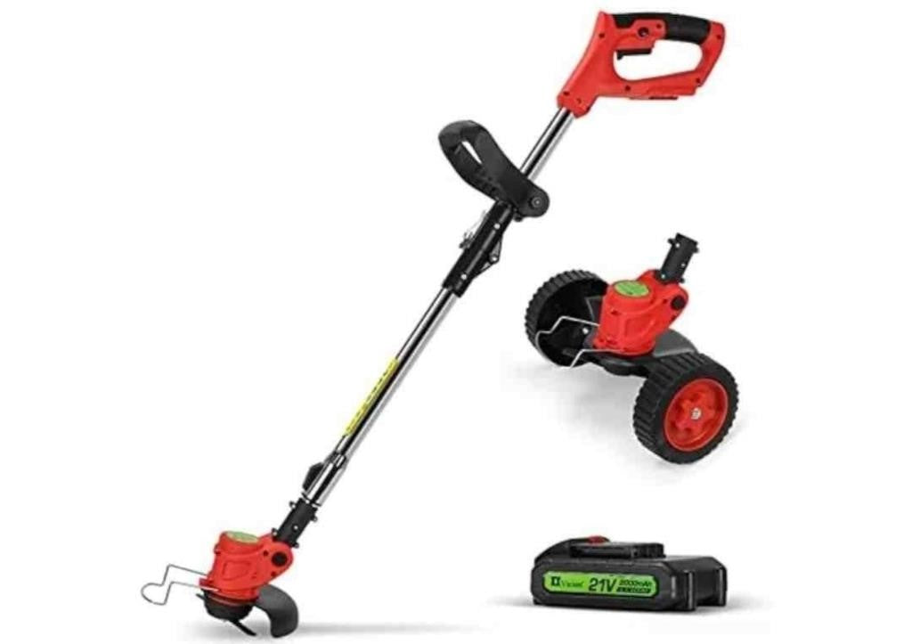Feete Electric Weed Eater Cordless Weed Wacker is Equipped with Two Batteries 21V Batteries & 3 Multi-Function Blades & Auxiliary Wheels 4-in-2 Brush Cutter/Grass Trimmer/Lawn Mower( No Charger)