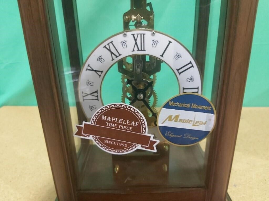 Maple Leaf Mechanical Mantle Fireplace Clock 14x8.