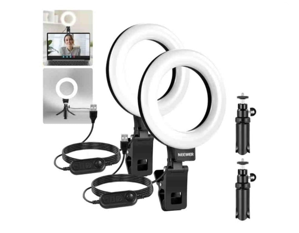 2 Newer BASICS 5" Ring Light for Video Conference Lighting, 2 Pack Clip on Light Kit with Desk Tripod Stands , BR60