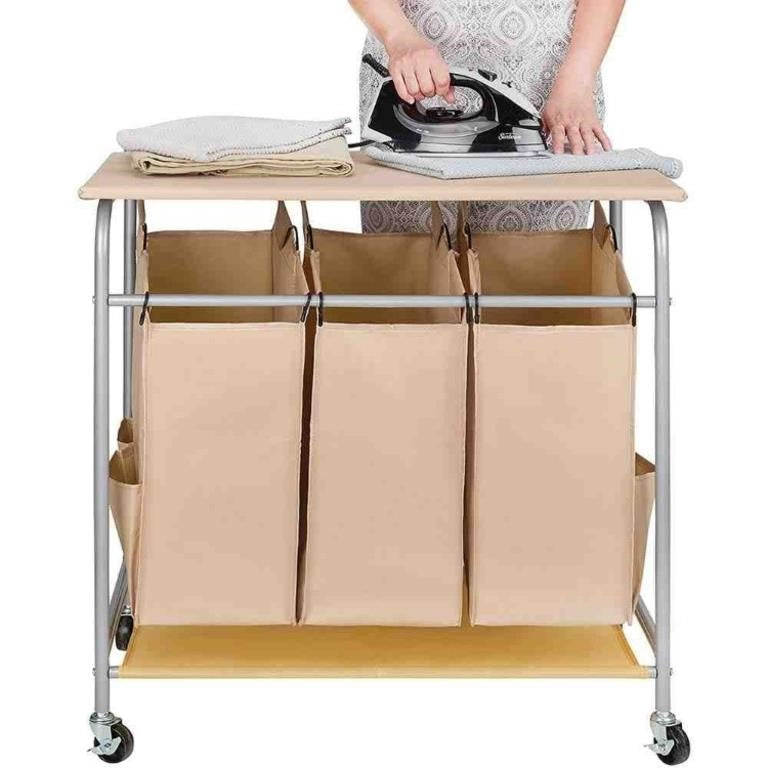 JINAMART Laundry Sorter Basket With Rolling Cart - Laundry Hamper Storage Cart With Ironing Board