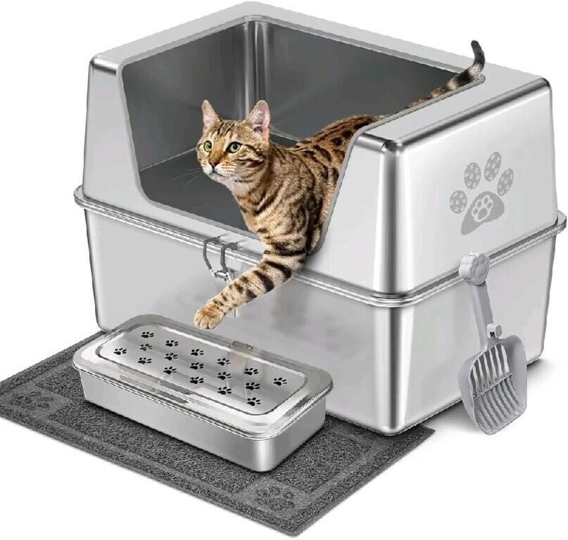 Ptfff Stainless Steel Cat Litter Box with Lid