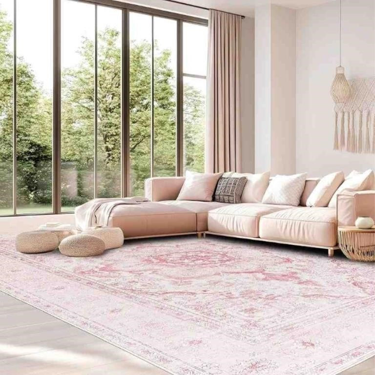 LAISE 9x12 Large Boho Area Rug Machine Washable Living Room Non Slip Eco-Friendly Rugs for Bedroom Vintage Stain Resistannt Carpet (Pink)