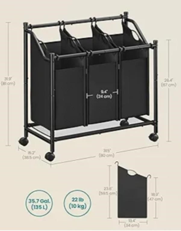 SONGMICS Laundry Sorter, Rolling Laundry Basket with 3 Removable Bags
