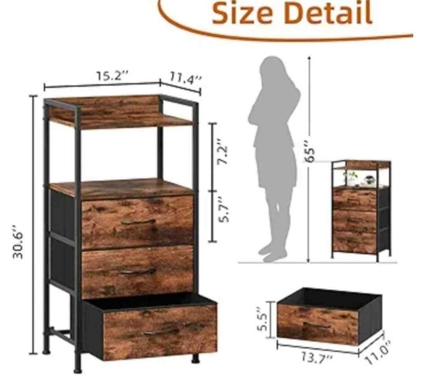 Somdot Night Stand with 3 Fabric Drawers, Tall Nightstand with 2-Tier Shelf