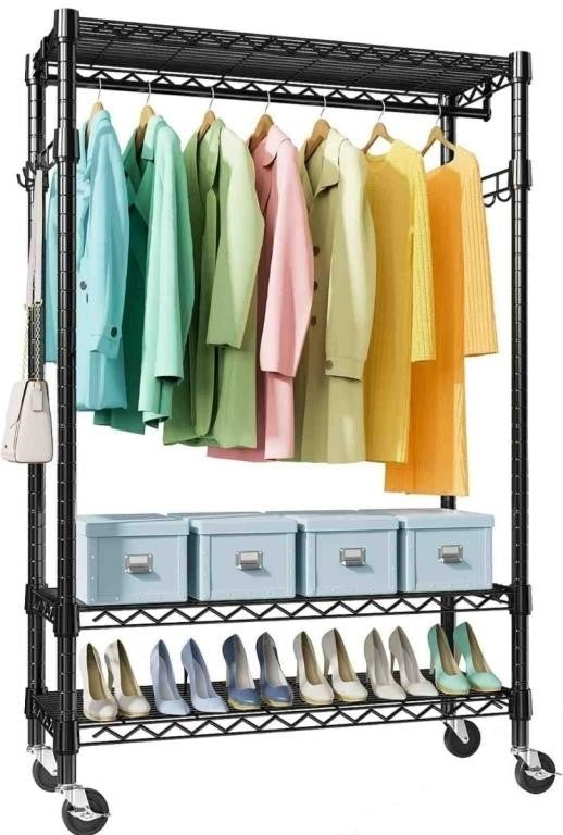 M MZG Heavy Duty Rolling Garment Rack 3 Tiers Adjustable Wire Shelving with Rods, Side Hooks & Wheels Black (45 D x 120 W x 212 H) CM -