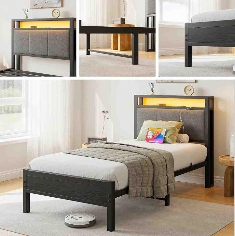 Foubam Twin Bed Frame with LED Lights and Charging Station Black