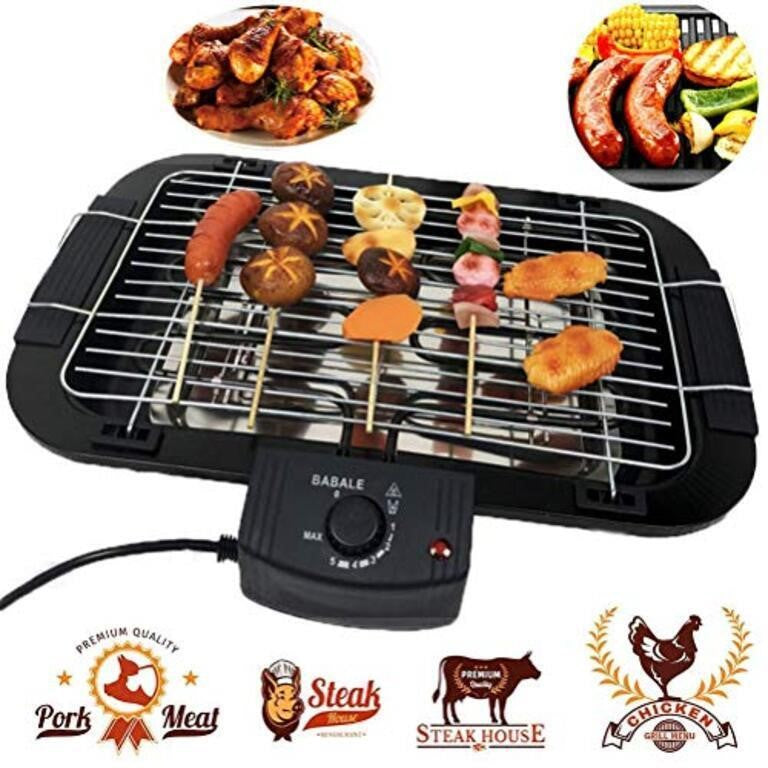 Beini Smokeless Indoor/Outdoor Electric Grill, Adjustable Temperature Control, Removable Water Filled Drip Tray, 2000 W, Black
