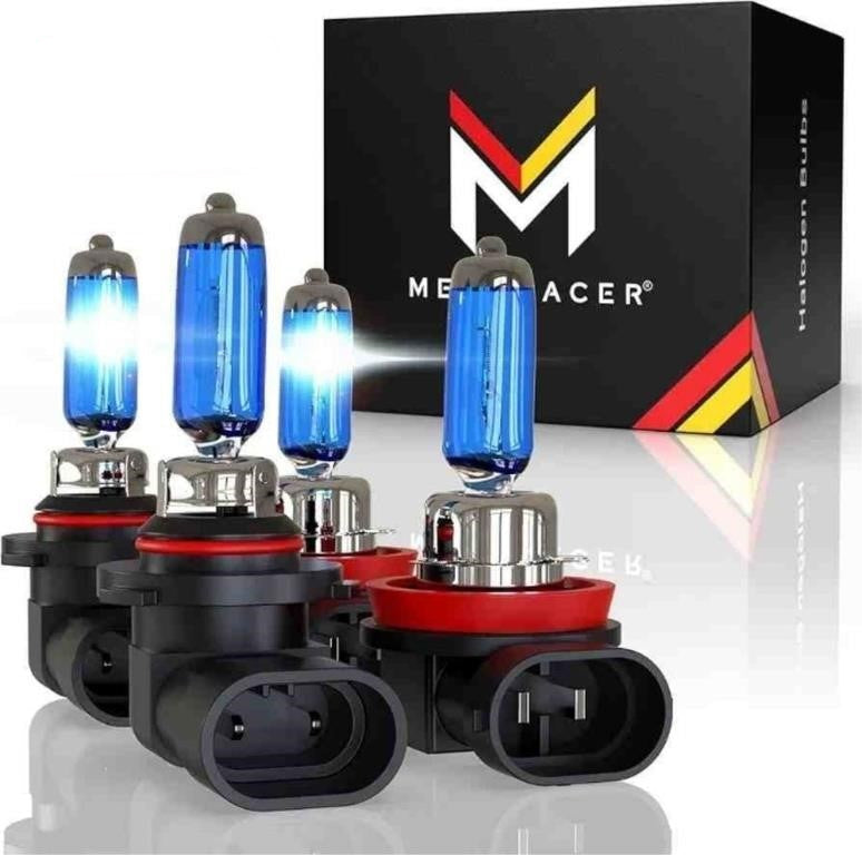 Mega Racer H11 9005 Halogen Headlight Bulbs Combo, H11 9005 Headlight Bulbs, Super White 5000K 12V 100W, Automotive Headlight Bulbs High and Low Beam, Xenon Front Headlight Replacement, 4 Per Pack