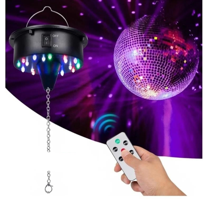 Disco Ball Motor Rotating with Light: Mirror Ball Spinner with Remote Adjustable Speed - Battery Operated Rotating Motor 18 RGBW LED Lights for DJ Party Weddings Christmas