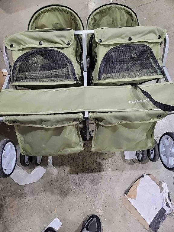 Double Pet Stroller, Foldable Stroller for 2 Dogs &amp; Cats, Two-Seater Carrier, GREEN